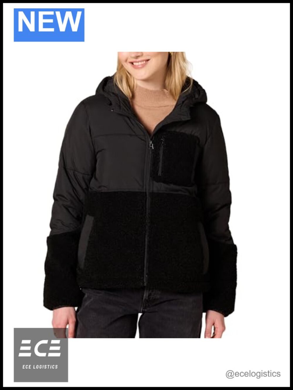 Sherpa Fleece Hooded Puffer Jacket Full Zip Mixed Media